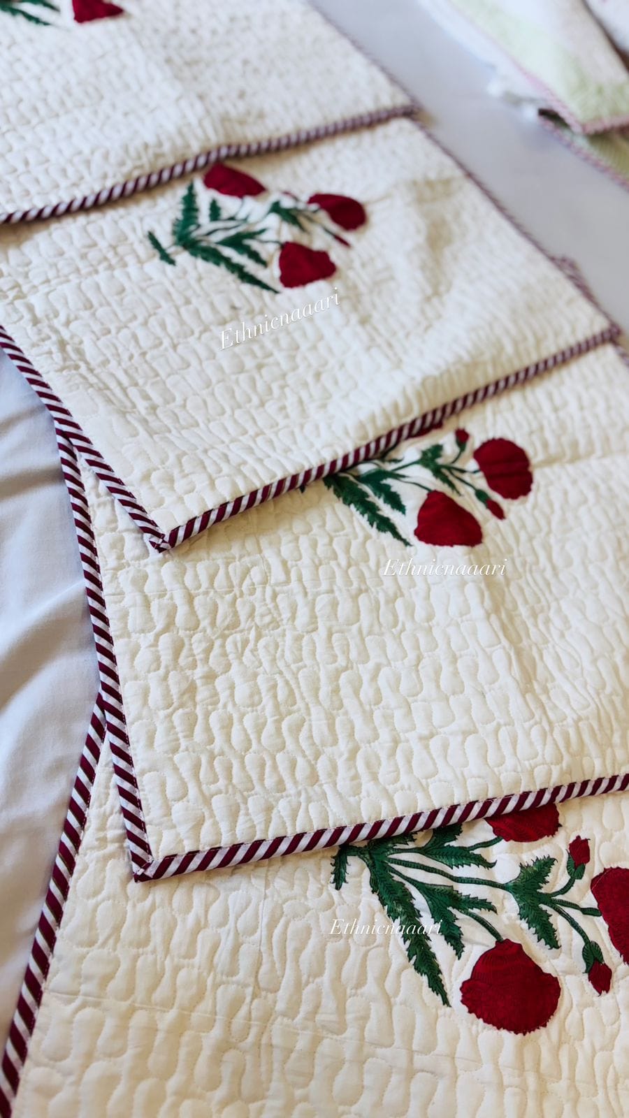 Big Size Quilted Block Print Cushion Cover Red Poppies 3