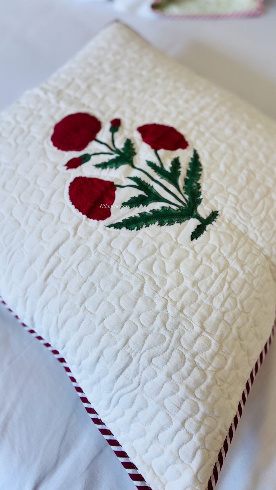 Big Size Quilted Block Print Cushion Cover Red Poppies 4