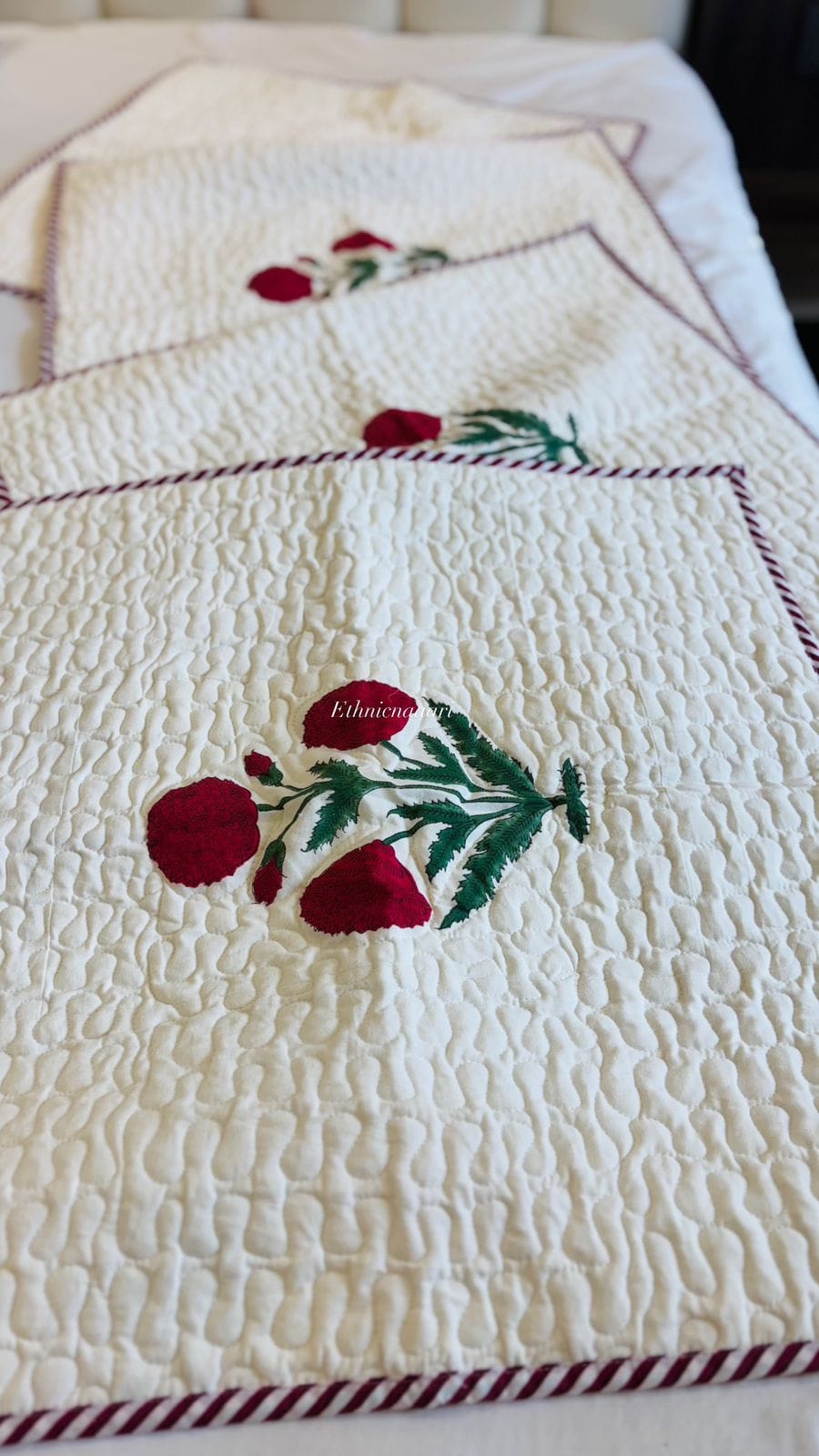 Big Size Quilted Block Print Cushion Cover Red Poppies 5