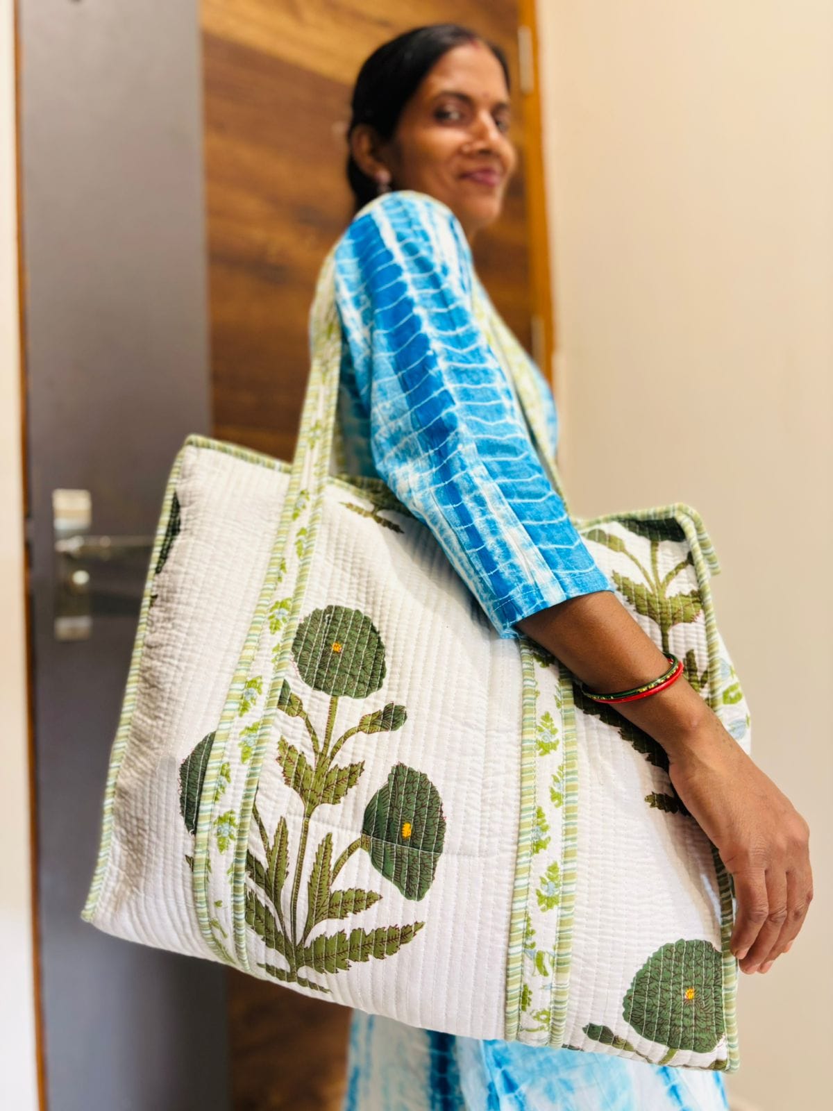 Green Poppies- Cotton Tote Bag with Zip (Dispatch Time 24 hours after placing the order) 2 Dark Green