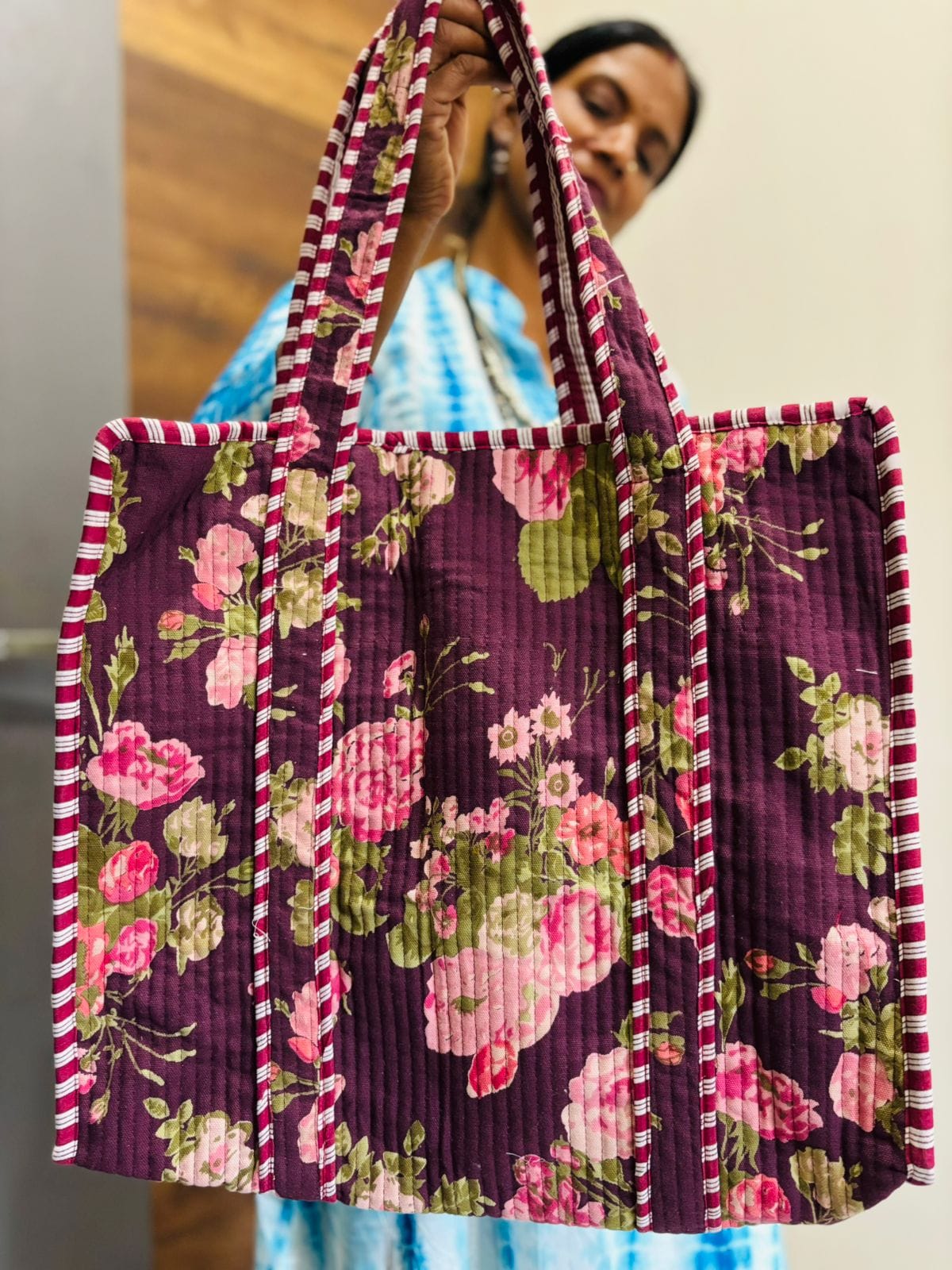 Flowery - Cotton Tote Bag with Zip (Dispatch Time 24 hours after placing the order) 2 Maroon