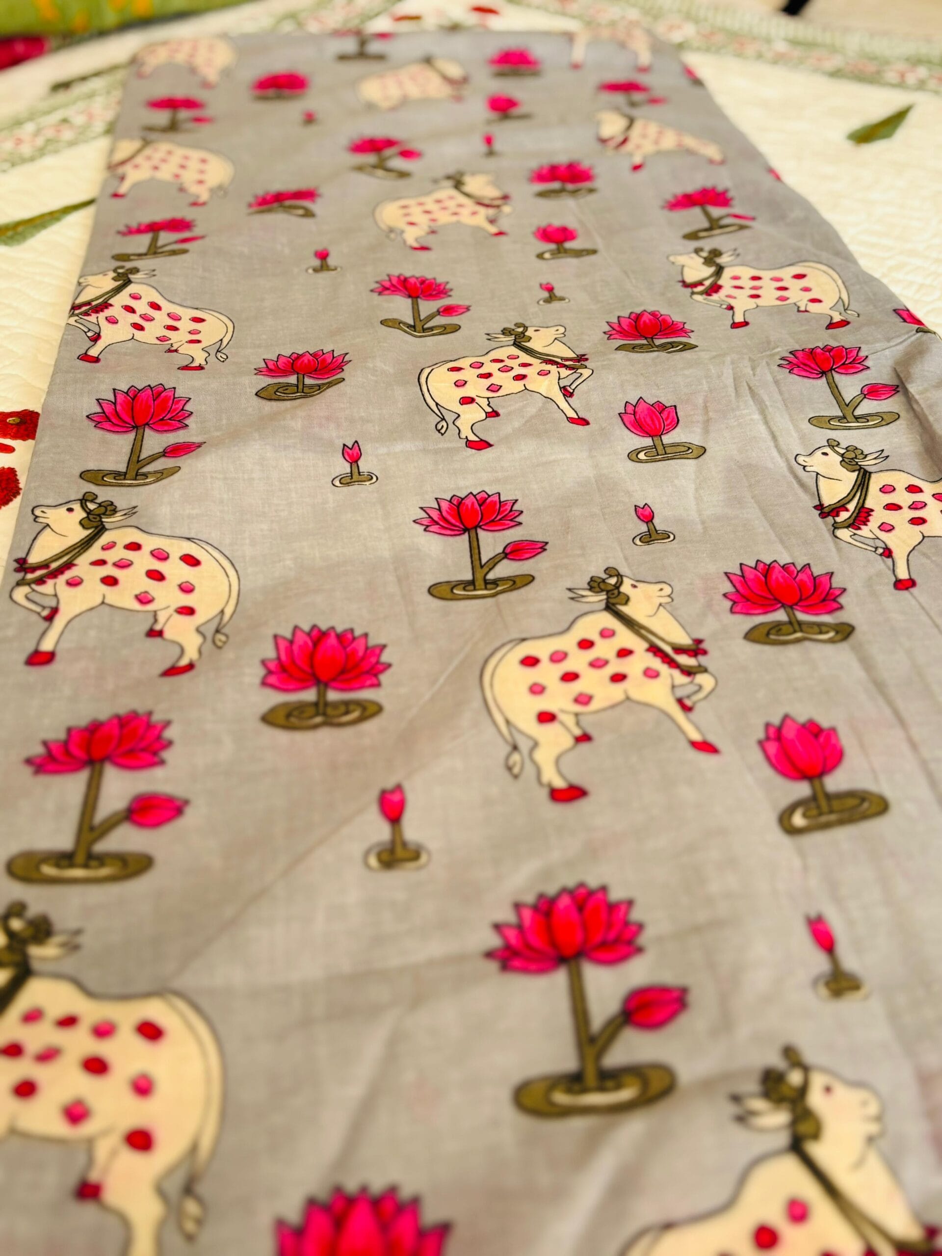 100./. Cotton Mul Fabrics, Grey Pichwai 🪷Raw Fabrics - Pure Cotton 8 Dusky Grey Pichwai 1 scaled 1