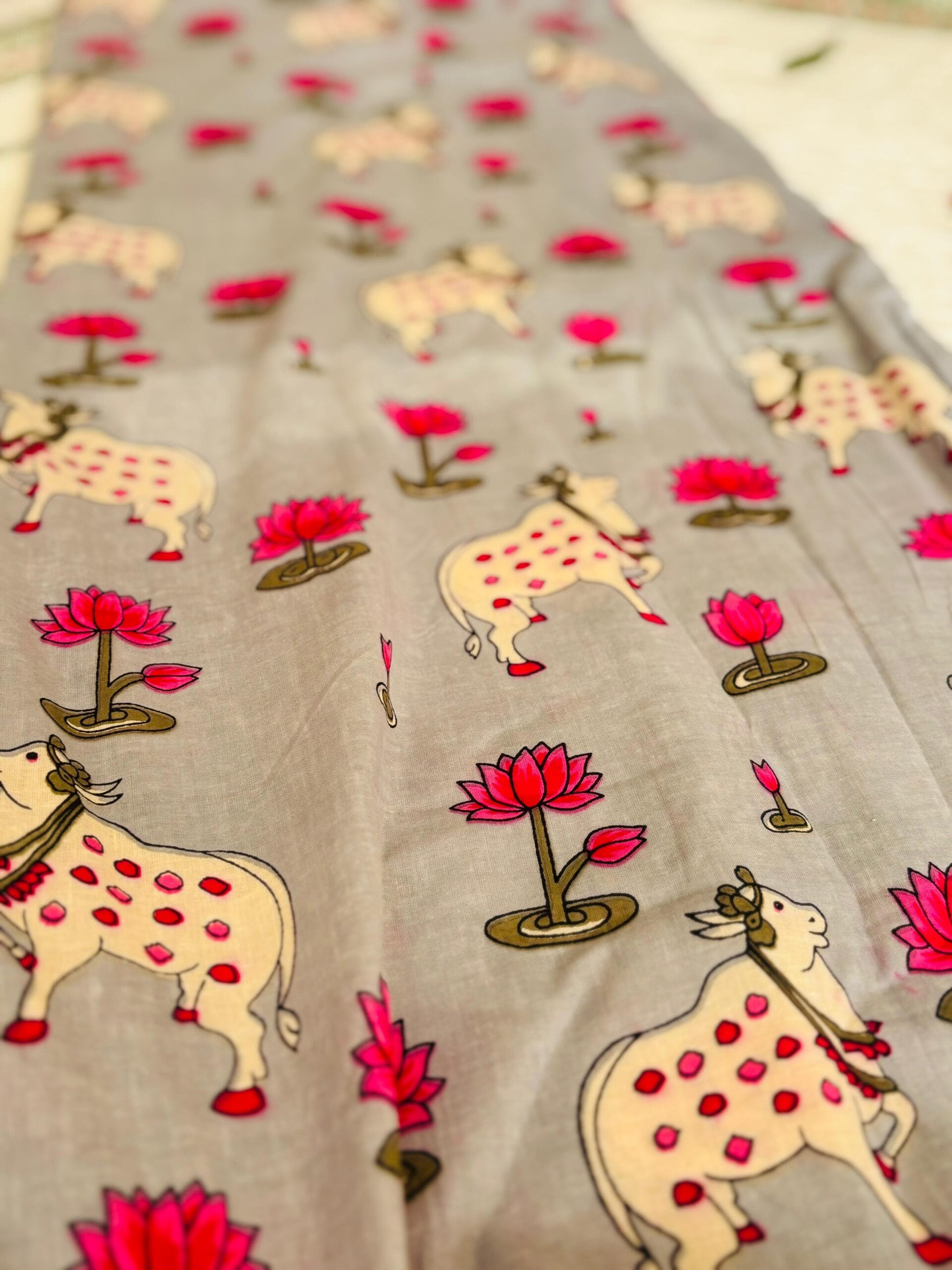 100./. Cotton Mul Fabrics, Grey Pichwai 🪷Raw Fabrics - Pure Cotton 6 Dusky Grey Pichwai 2 scaled 1