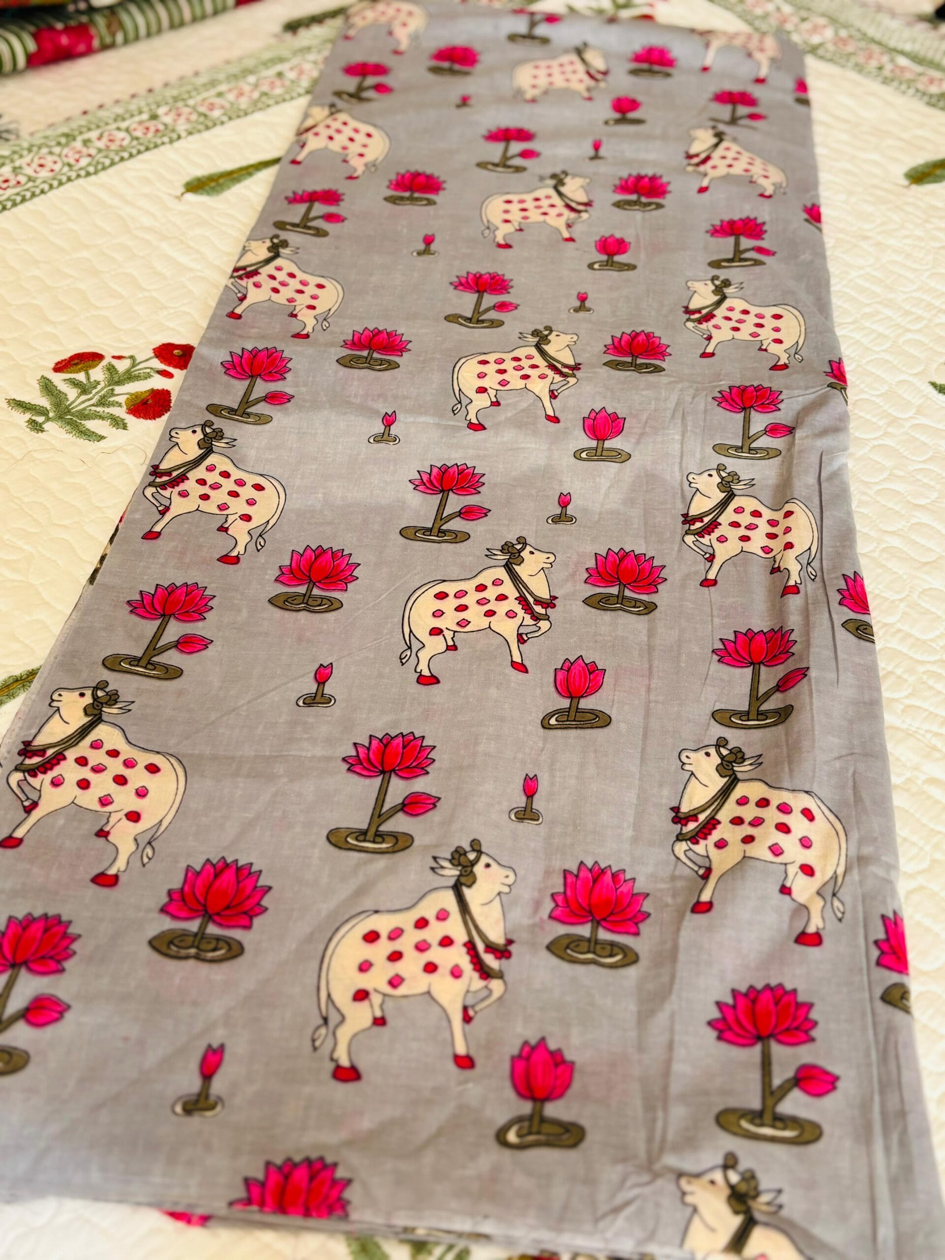 100./. Cotton Mul Fabrics, Grey Pichwai 🪷Raw Fabrics - Pure Cotton 4 Dusky Grey Pichwai 3 scaled 1