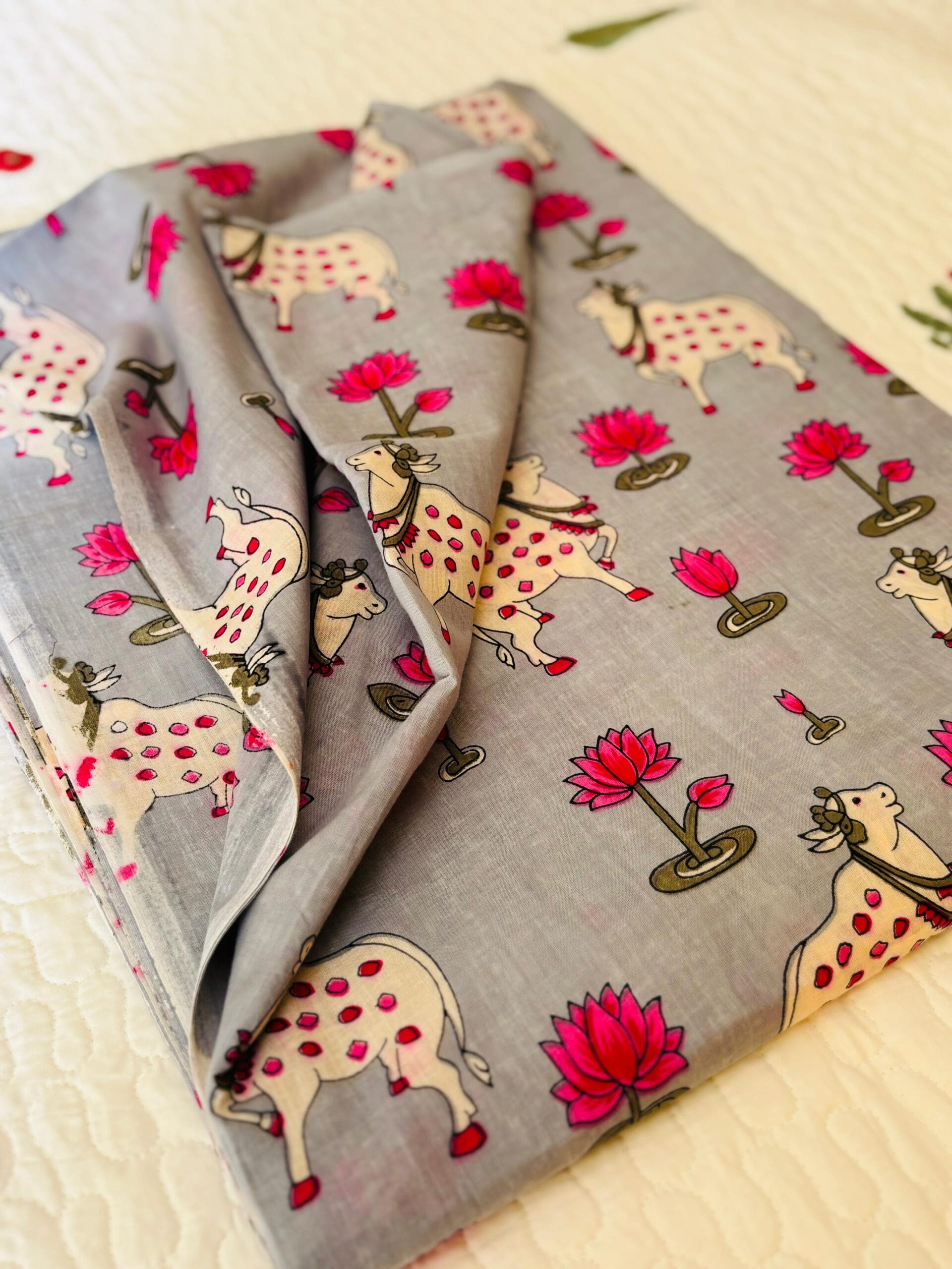 100./. Cotton Mul Fabrics, Grey Pichwai 🪷Raw Fabrics - Pure Cotton 2 Dusky Grey Pichwai 4 scaled 1