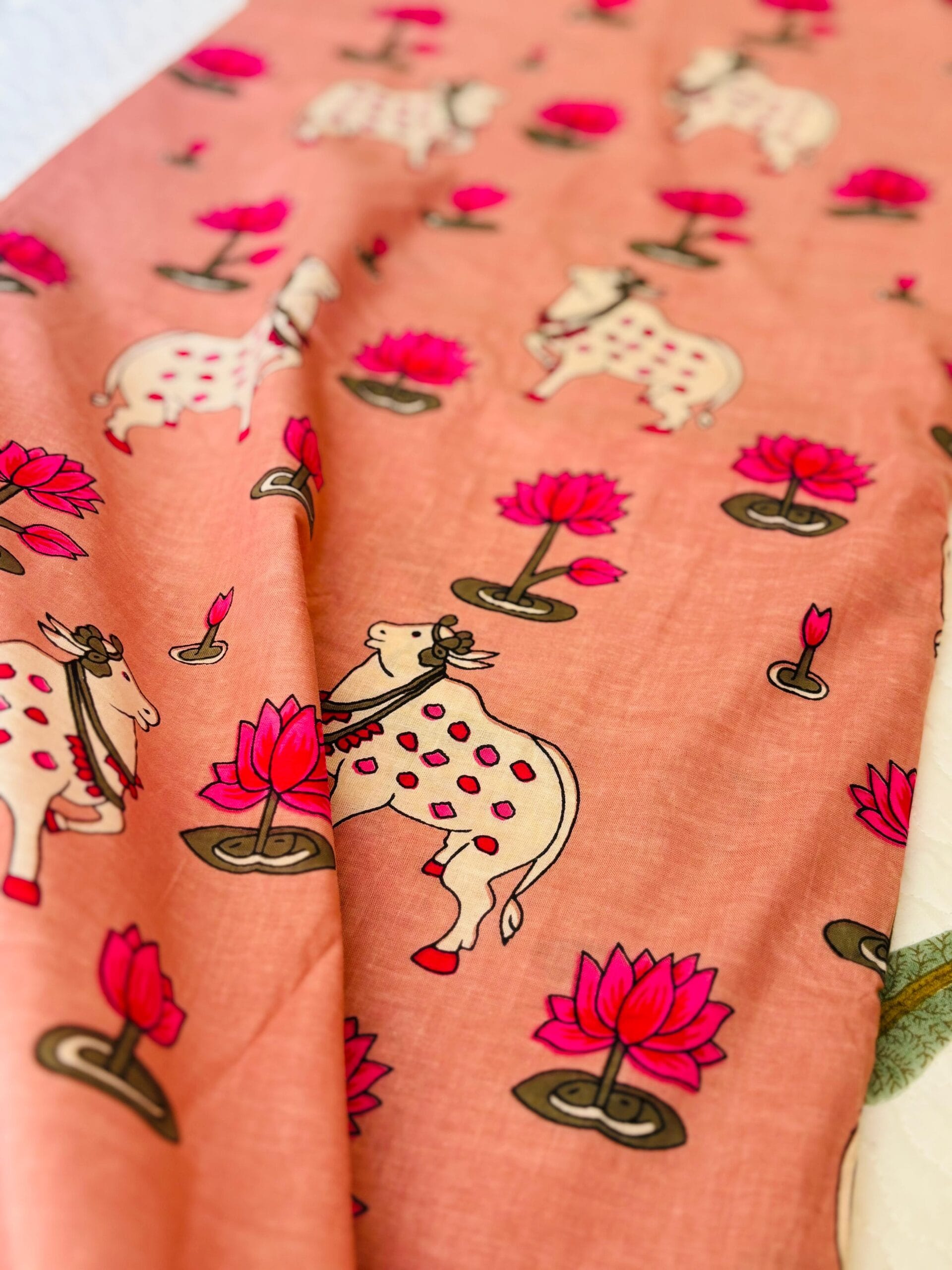 100./. Cotton Mul Fabrics, Peach Pichwai - Raw Fabrics - Pure Cotton 4 Pichwai 3 scaled 1