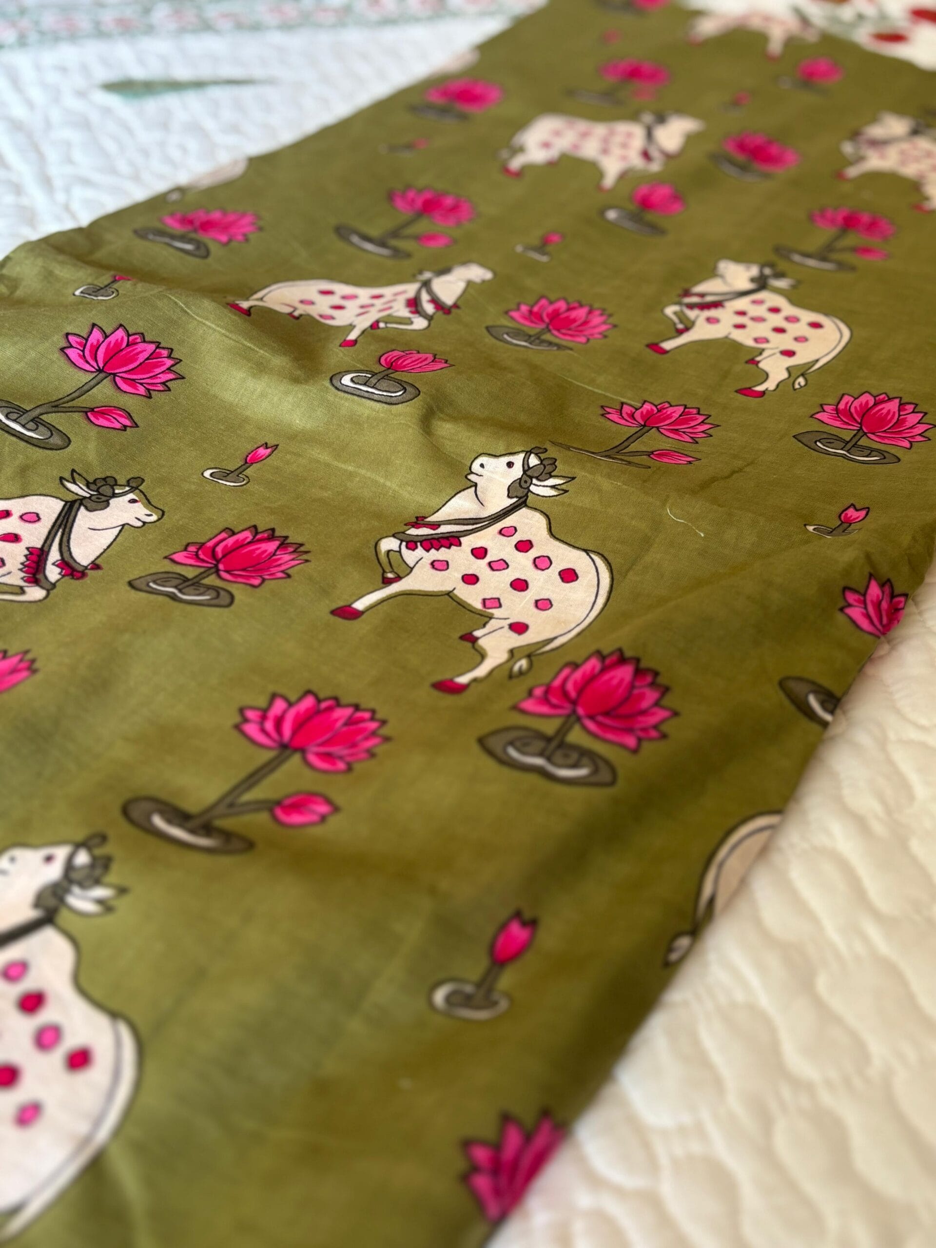 100./. Cotton Mul Fabrics, Dusty Green Pichwai - Raw Fabrics - Pure Cotton 10 Pichwai Bottle Green 2 scaled 1