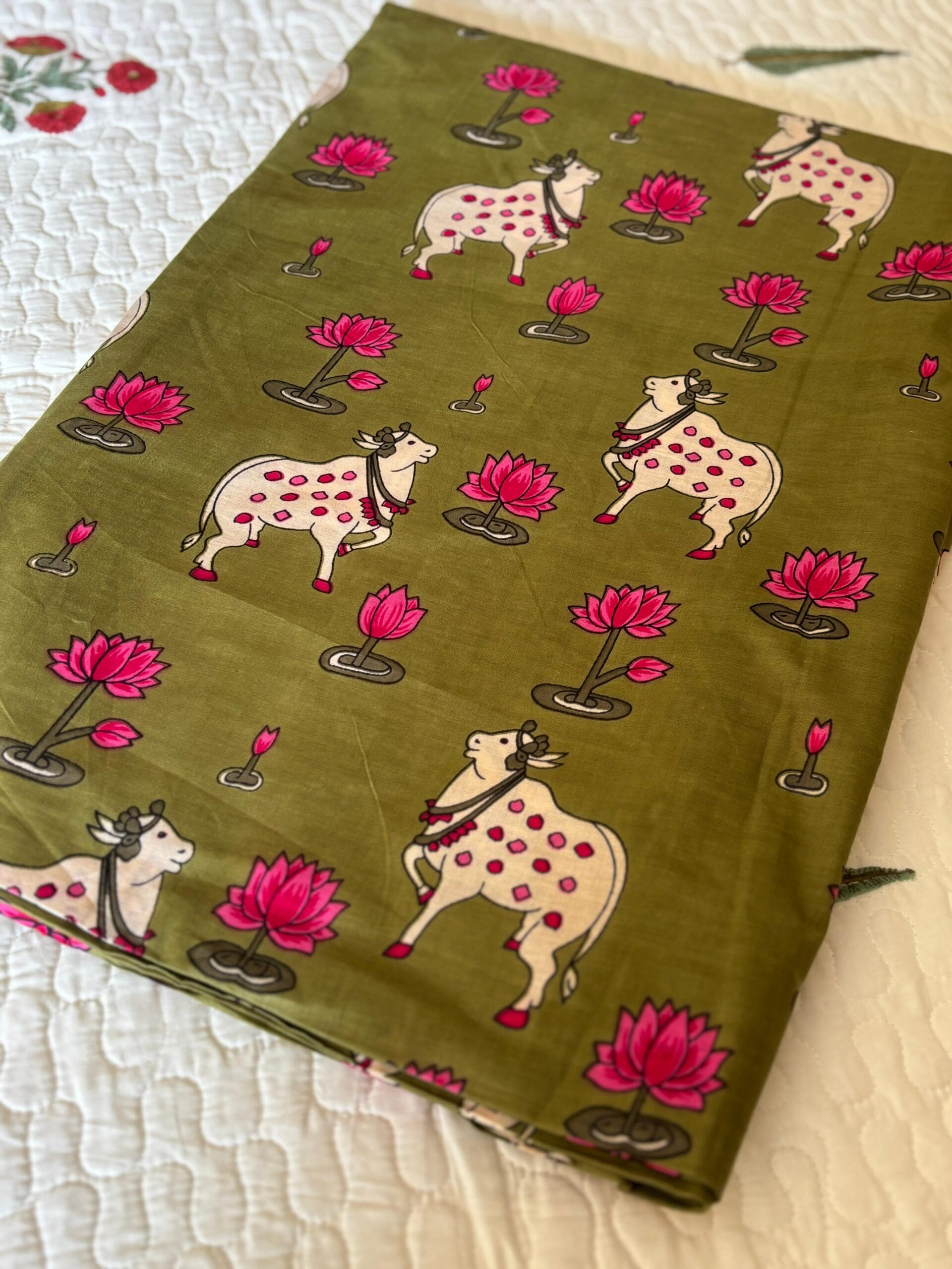 100./. Cotton Mul Fabrics, Dusty Green Pichwai - Raw Fabrics - Pure Cotton 8 Pichwai Bottle Green 3 scaled 1