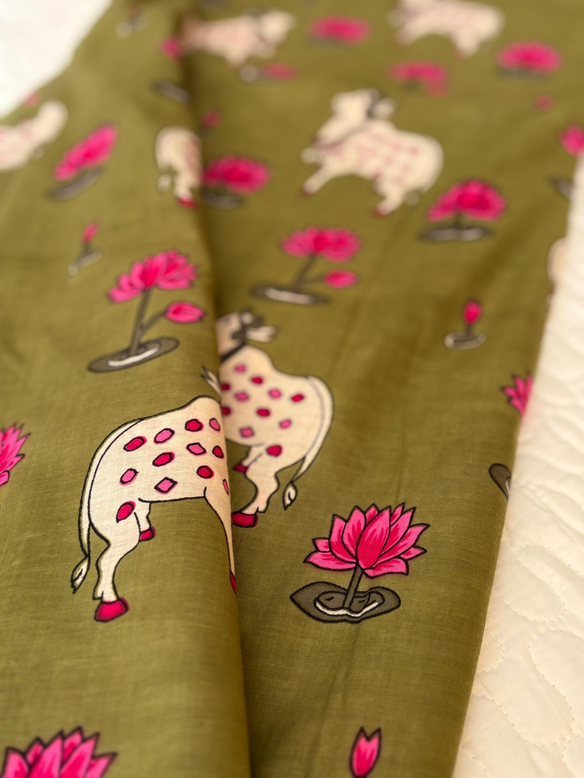 100./. Cotton Mul Fabrics, Dusty Green Pichwai - Raw Fabrics - Pure Cotton 4 Pichwai Bottle Green 4 scaled 1