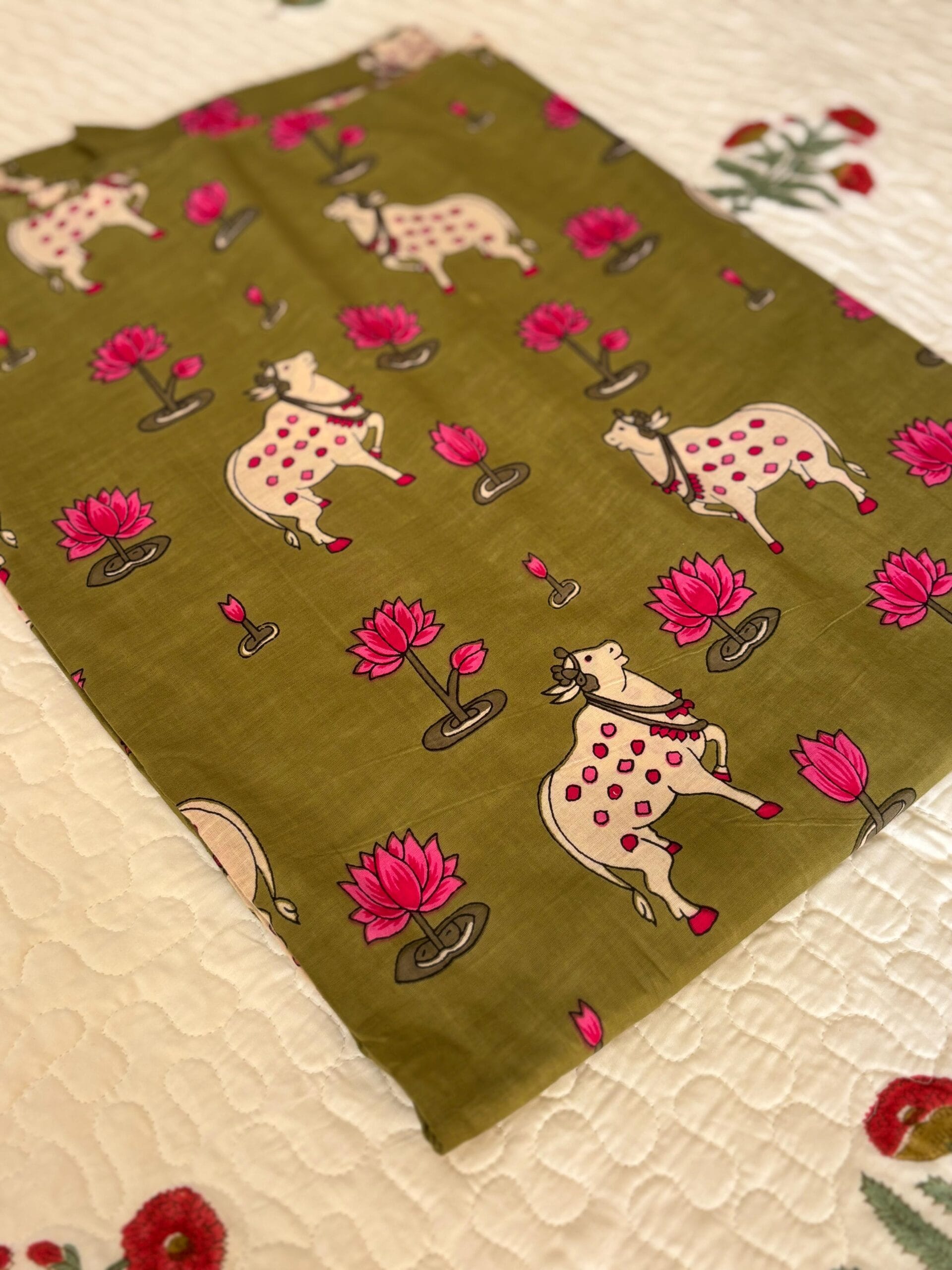 100./. Cotton Mul Fabrics, Dusty Green Pichwai - Raw Fabrics - Pure Cotton 2 Pichwai Bottle Green 6 scaled 1